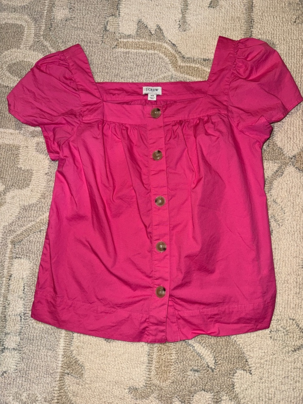 J. Crew Factory Pink Square-Neck Puff Sleeve Button-Front Top